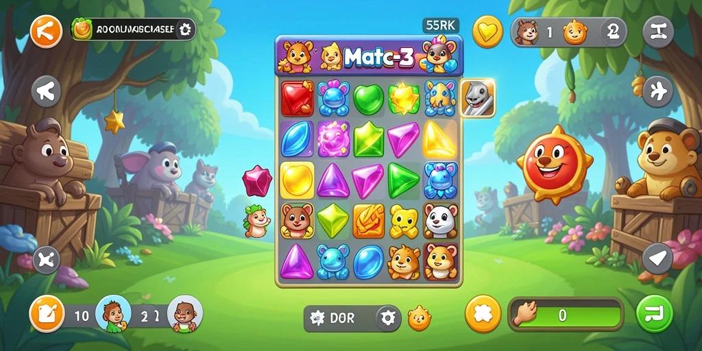 Screenshot gameplay 55RK menampilkan pencocokan warna-warni yang menarik.