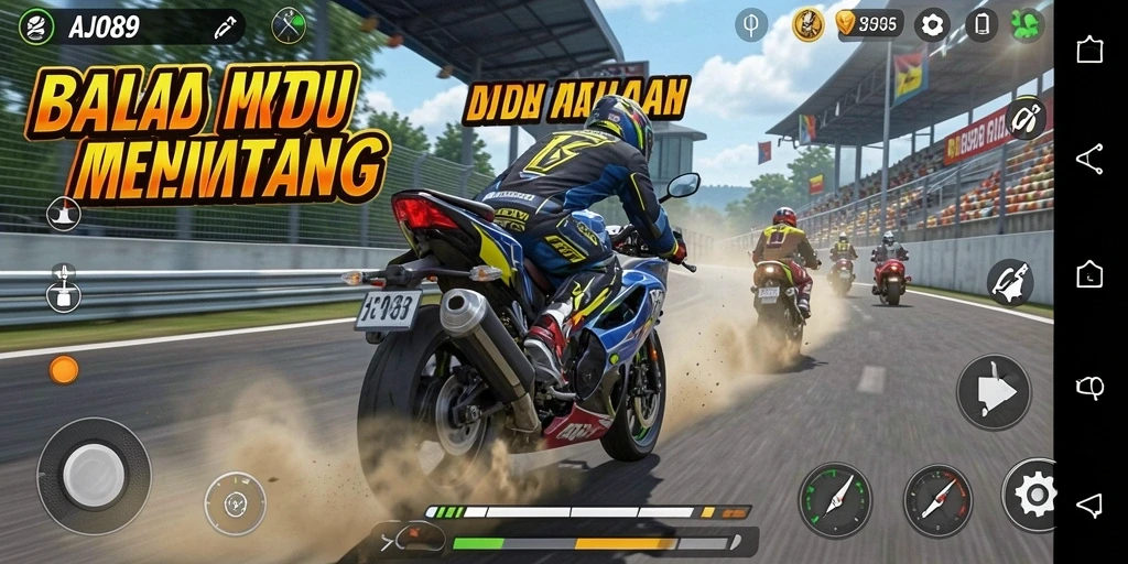 Tampilan menampilkan gameplay balap motor yang seru dan cepat.