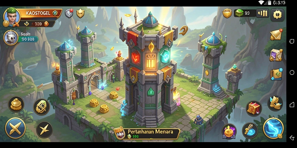Screenshot gameplay KAOSTOGEL menampilkan aksi pertahanan menara yang mendebarkan.