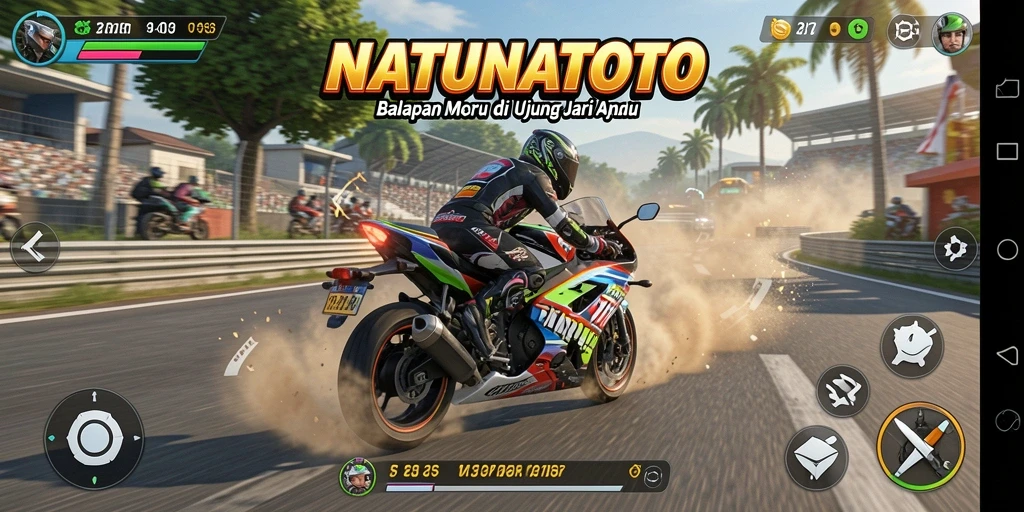 Screenshot menampilkan aksi balapan motor dalam NATUNATOTO yang menegangkan.