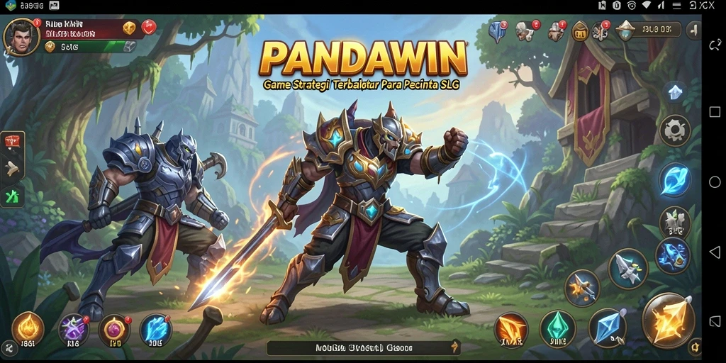 Tangkapan layar utama PANDAWIN menampilkan pertempuran strategi epik.