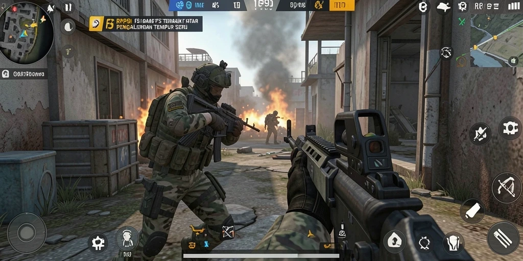 Screenshot utama RP99 menampilkan aksi intens dalam pertempuran FPS.